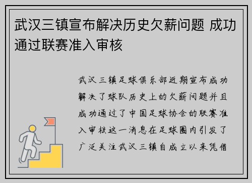 武汉三镇宣布解决历史欠薪问题 成功通过联赛准入审核